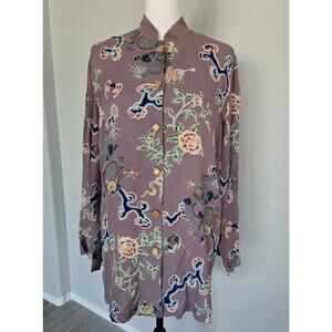 Harari Silk Asian Dragon Print Art Flowy Banded Collar Button Tunic Top Sz S